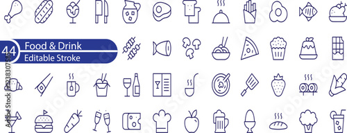 Food and Drink Line Editable Icons set. Vector illustration in thin line style of nutrition related icons. vegetables, fruits, desserts, meat, baked goods, drinks, and more.