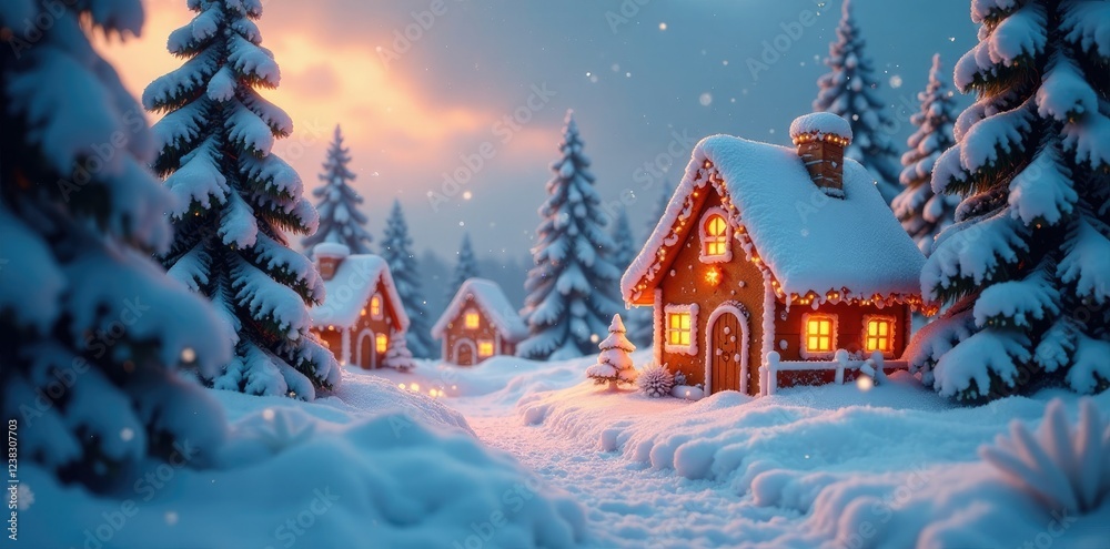 Snow-covered trees with glowing gingerbread houses in the distance, frosty, sparkling Snow-covered trees with glowing gingerbread houses in the distance, frosty, sparkling