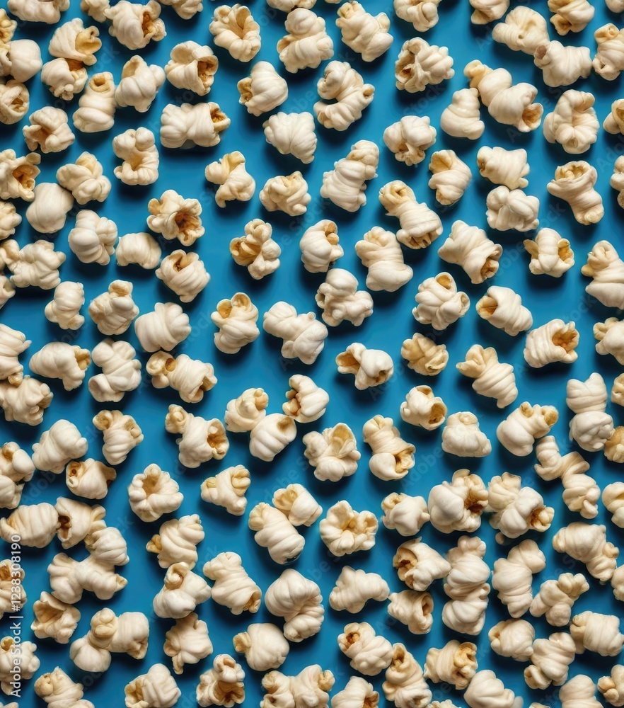 Obraz premium Popcorn kernels scattered around a blue background in a square pattern, , blue background