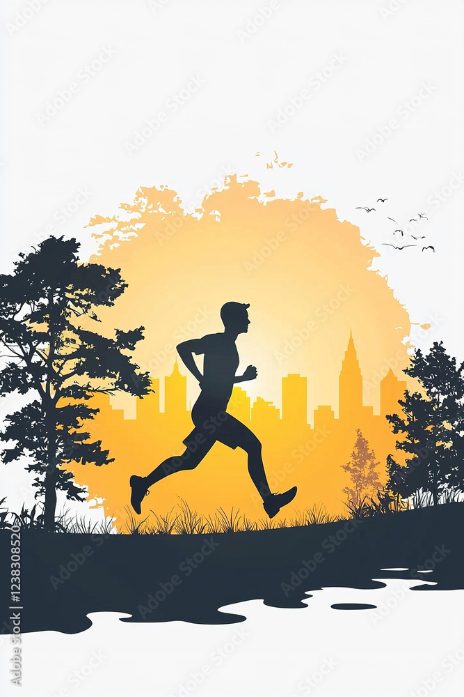 Young man running in urban park at sunset with city skyline background Young man running in urban park at sunset with city skyline background