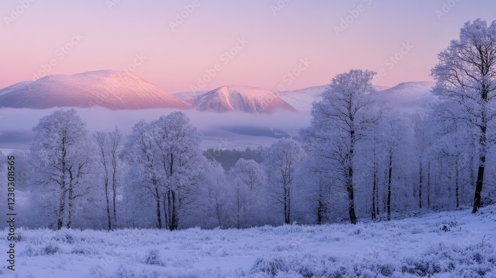 custom made wallpaper toronto digital60.A panoramic winter landscape with snow-covered trees in a serene forest, bathed in the soft light of a winter sunrise. The snow glistens under the pink and purple hues of the early morning sky.