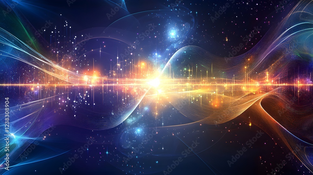 Obraz premium An abstract representation of the universe made up of fractal patterns and glowing particles, set against an ethereal background. The colors include vibrant blues, purples, oranges, and greens, 