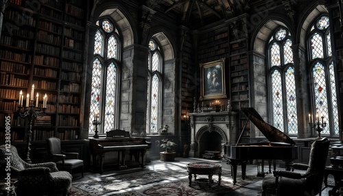 Grand Gothic Library with Piano and Stained Glass Windows