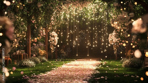 91.A romantic garden wedding ceremony with a backdrop of flowers in full bloom and hanging lights that create a whimsical atmosphere. The ceremony area is elegantly decorated with floral