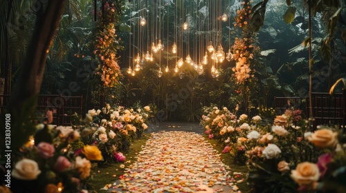 91.A romantic garden wedding ceremony with a backdrop of flowers in full bloom and hanging lights that create a whimsical atmosphere. The ceremony area is elegantly decorated with floral