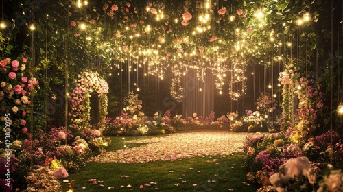 91.A romantic garden wedding ceremony with a backdrop of flowers in full bloom and hanging lights that create a whimsical atmosphere. The ceremony area is elegantly decorated with floral