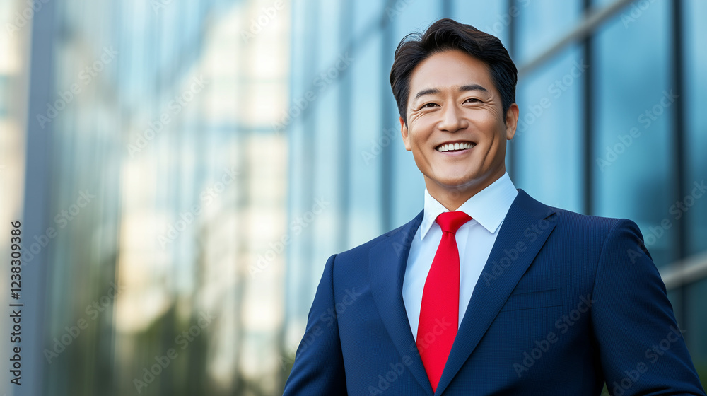 Asian businessman in navy blue suit showing confidence with a broad smile, exuding leadership and determination in a modern office Asian businessman in navy blue suit showing confidence with a broad smile, exuding leadership and determination in a modern office