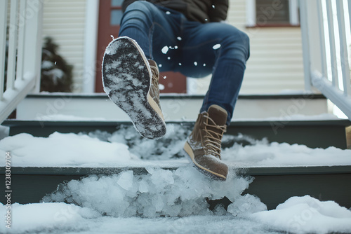 winter slip on icy porch steps catches a moment of laughter and surprise on a chill day