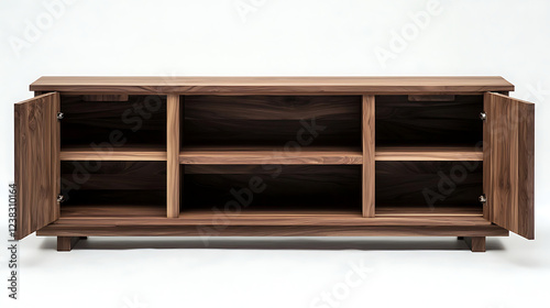 A wooden entertainment center with open shelves