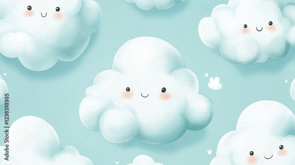 44.A seamless vector design of cute cartoon white clouds on a light blue sky, painted in a soft watercolor style. The clouds are depicted with rounded, fluffy edges, giving them a light and airy 44.A seamless vector design of cute cartoon white clouds on a light blue sky, painted in a soft watercolor style. The clouds are depicted with rounded, fluffy edges, giving them a light and airy