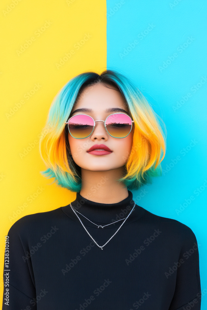 A minimalist vertical composition focusing on the woman’s vibrant yellow-and-blue dyed hair cascading down her shoulders, her dual-hued eyes locked onto the lens, A minimalist vertical composition focusing on the woman’s vibrant yellow-and-blue dyed hair cascading down her shoulders, her dual-hued eyes locked onto the lens,