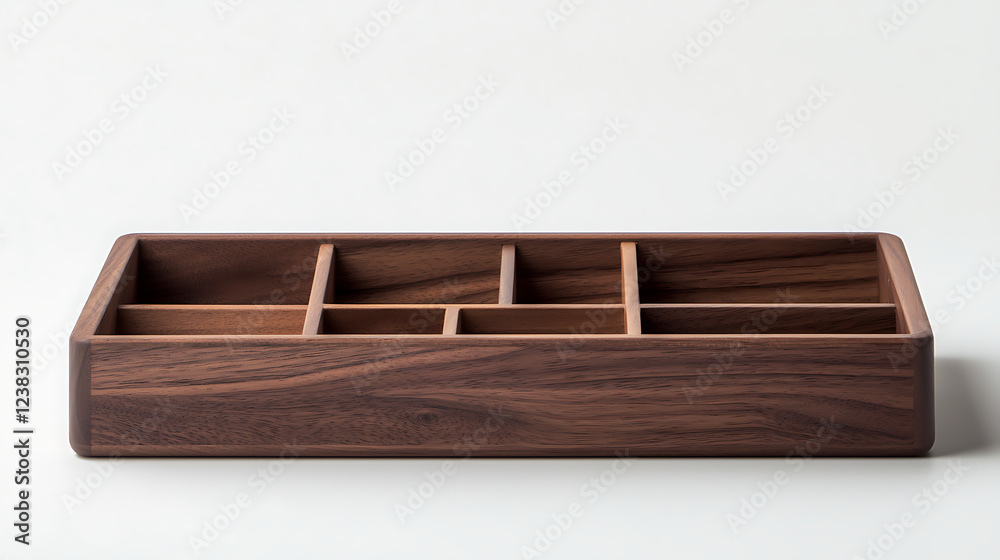 A wooden box with six compartments sits on a white background A wooden box with six compartments sits on a white background