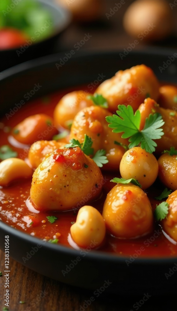 Rich aromatic sauce envelops tender chicken and crunchy cashews, golden brown, warm Rich aromatic sauce envelops tender chicken and crunchy cashews, golden brown, warm