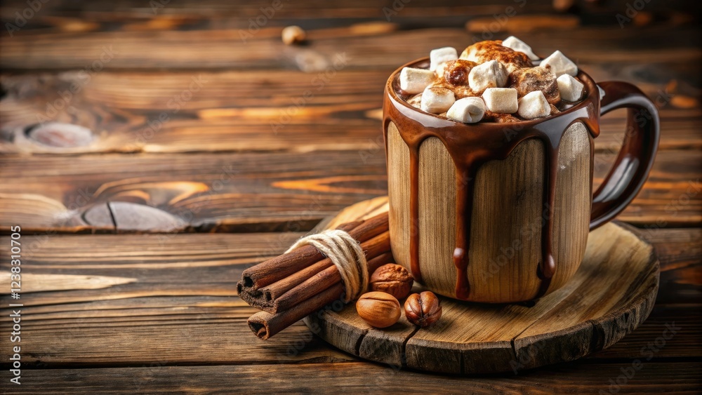 Rich Hot Chocolate with Marshmallows and Hazelnut Syrup in a Distressed Wooden Mug, cozy drinks, marshmallow treats Rich Hot Chocolate with Marshmallows and Hazelnut Syrup in a Distressed Wooden Mug, cozy drinks, marshmallow treats