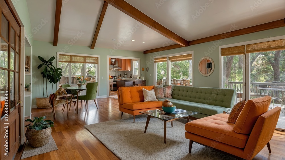 Fototapeta premium Modern living room with vibrant orange accents and spacious design in serene natural surroundings