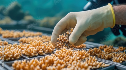 Fototapeta Naklejka Na Ścianę i Meble -  Coral reef restoration underwater nursery concept. Underwater conservation with a hand planting coral in a reef nursery