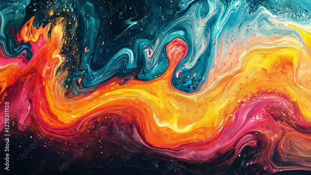 Vibrant abstract swirl of colors resembling a cosmic landscape with flowing patterns and textures
