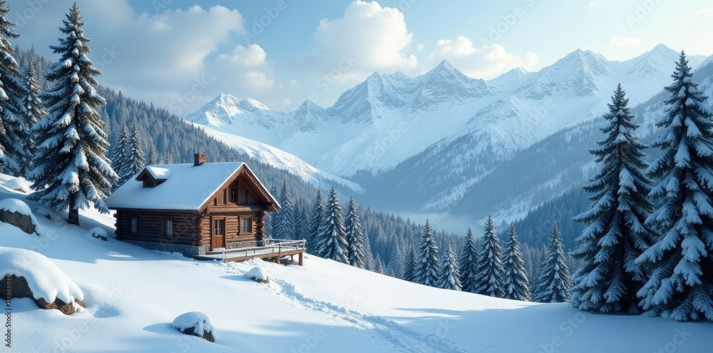 Fototapeta premium Snowy mountainside with evergreen trees and a rustic cabin in the distance, serene, cozy retreat