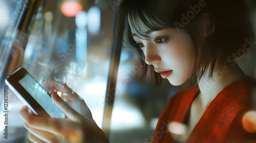 Lady watching in the screen of the smartphone, browsing social media, reading messages, checking notifications, engaging in online shopping, video calling,chatting, modern technology-driven lifestyle. photo