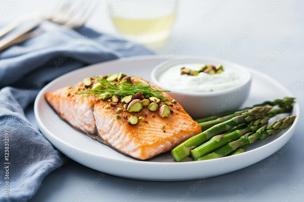 Pistachio-crusted salmon served with roasted asparagus and lemon yogurt sauce for a healthy meal