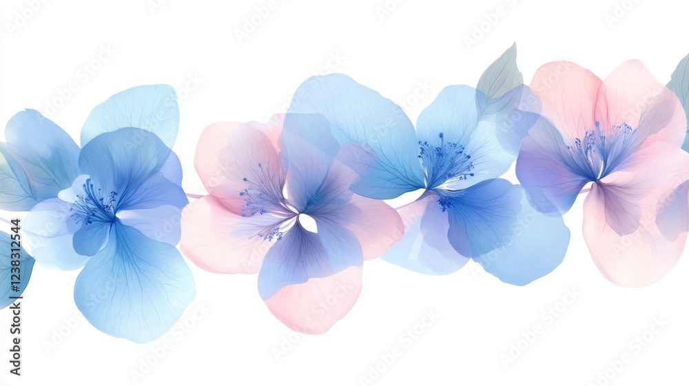 Obraz premium 21.A set of beautiful vector flowers, hand-drawn in watercolor style, including blue and pink petals with delicate, detailed leaves. The flowers are arranged in a wreath-like formation, creating an