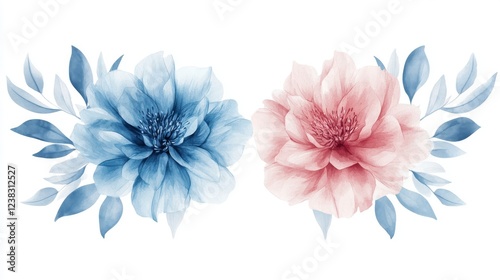 21.A set of beautiful vector flowers, hand-drawn in watercolor style, including blue and pink petals with delicate, detailed leaves. The flowers are arranged in a wreath-like formation, creating an