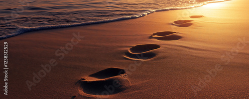 Footprints in golden sand by the sea at sunset create a serene and tranquil atmosphere. photo