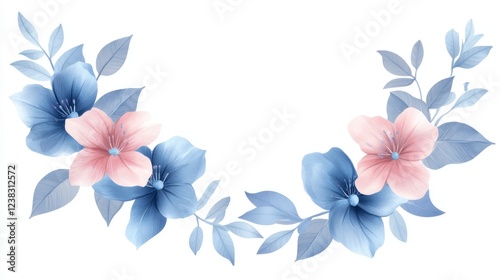 21.A set of beautiful vector flowers, hand-drawn in watercolor style, including blue and pink petals with delicate, detailed leaves. The flowers are arranged in a wreath-like formation, creating an