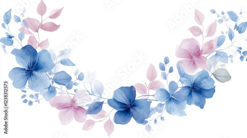 21.A set of beautiful vector flowers, hand-drawn in watercolor style, including blue and pink petals with delicate, detailed leaves. The flowers are arranged in a wreath-like formation, creating an