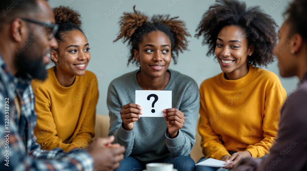 Fototapeta premium Diverse group of young adults participating in a team-building quiz, with a smiling participant holding a question card in a casual setting.