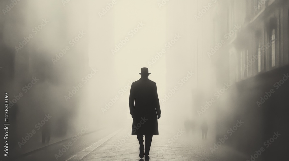 Mysterious man in hat walks alone down foggy city street. Mysterious man in hat walks alone down foggy city street.