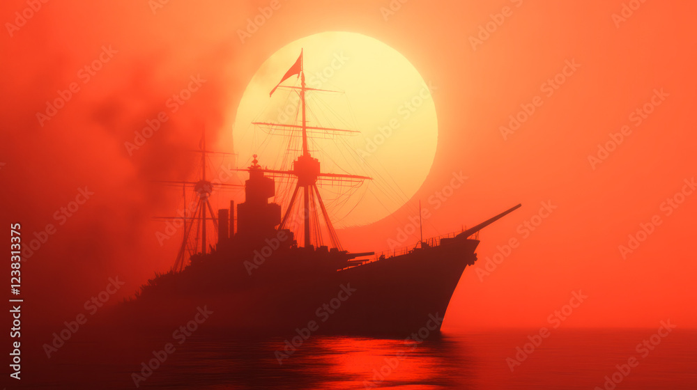 Fototapeta premium An artistic perspective focusing on the vesselâ€™s imposing guns or radar masts, the intense warm glow of sunset highlighting its contours,