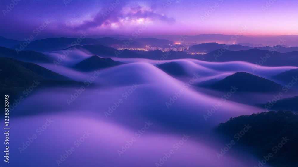Fototapeta premium 84.A stunning aerial view of the Milky Way stretching above the fog-covered mountains at night. The mountain valley is shrouded in low-lying clouds, with soft, glowing city lights twinkling in the