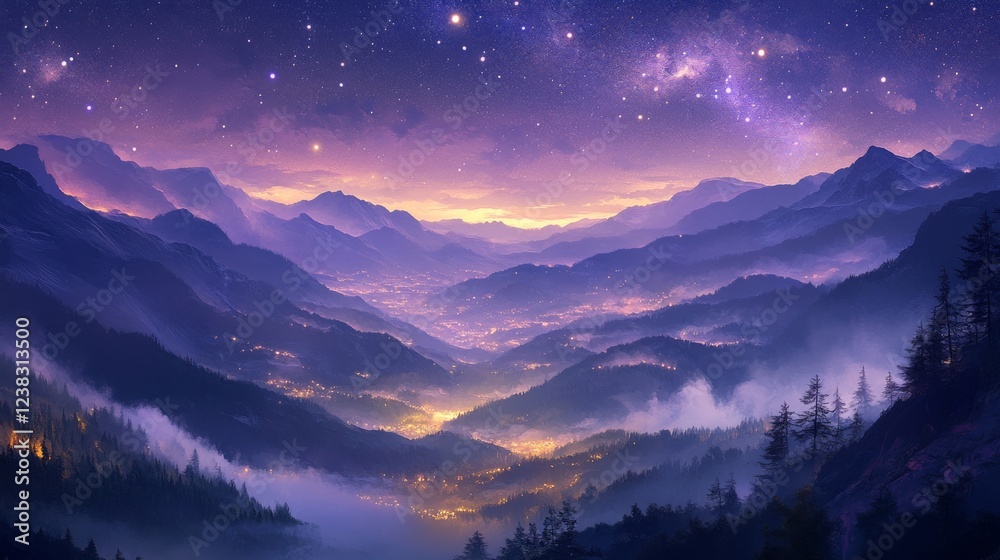 84.A stunning aerial view of the Milky Way stretching above the fog-covered mountains at night. The mountain valley is shrouded in low-lying clouds, with soft, glowing city lights twinkling in the 84.A stunning aerial view of the Milky Way stretching above the fog-covered mountains at night. The mountain valley is shrouded in low-lying clouds, with soft, glowing city lights twinkling in the