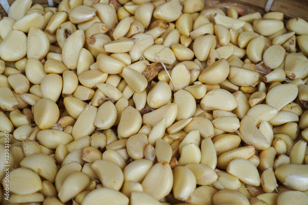 Close-up shot of numerous peeled garlic cloves filling a woven basket. The image showcases the pale color and texture of the garlic. A Close-Up View of Peeled Garlic Cloves in a Basket Close-up shot of numerous peeled garlic cloves filling a woven basket. The image showcases the pale color and texture of the garlic. A Close-Up View of Peeled Garlic Cloves in a Basket