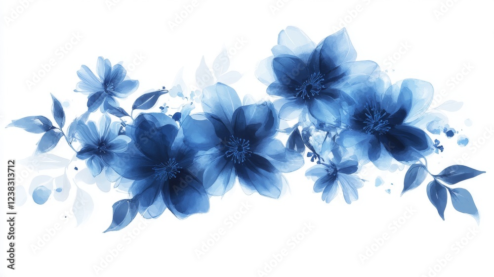 Fototapeta premium 2.A stunning vector design featuring a collection of blue flowers rendered in watercolor, with each bloom painted in a gradient of blues, from soft sky blue to deeper navy. The flowers are arranged