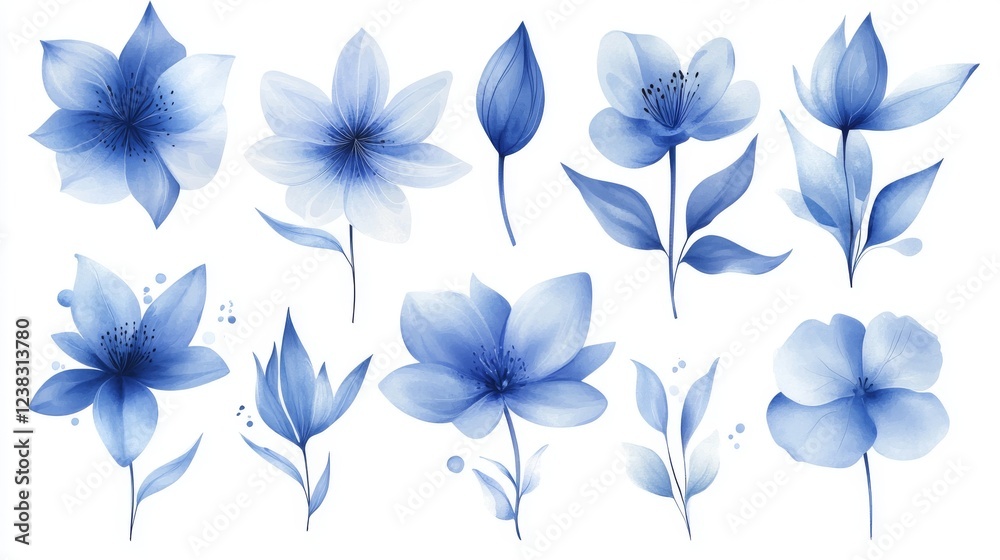 Fototapeta premium 2.A stunning vector design featuring a collection of blue flowers rendered in watercolor, with each bloom painted in a gradient of blues, from soft sky blue to deeper navy. The flowers are arranged