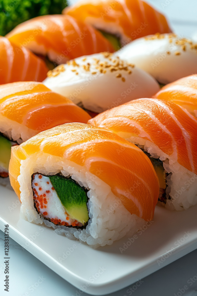 A cinematic close-up where soft daylight accentuates the texture of salmon nigiri, arranged neatly beside maki rolls on a cool marble background, A cinematic close-up where soft daylight accentuates the texture of salmon nigiri, arranged neatly beside maki rolls on a cool marble background,