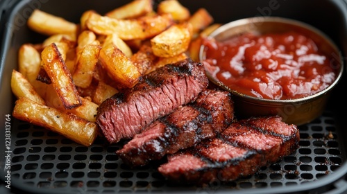Wallpaper Mural A plate featuring grilled steak slices, crispy fries, and a side of ketchup. Torontodigital.ca