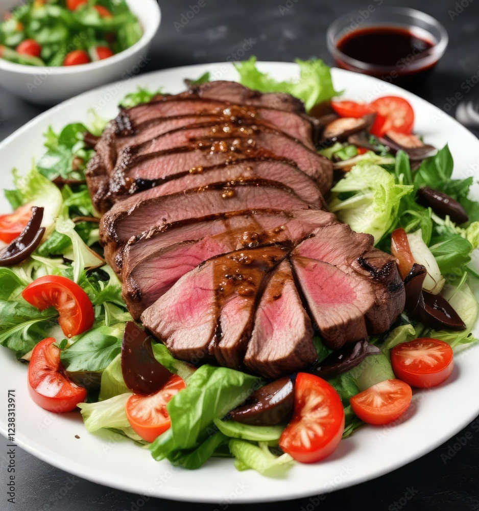 Sizzling hot beef steak with a fresh green salad and balsamic vinaigrette dressing , grilled, restaurant quality, tender Sizzling hot beef steak with a fresh green salad and balsamic vinaigrette dressing , grilled, restaurant quality, tender