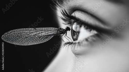 A close-up of a person's eye with a delicate insect perched on the eyelash.