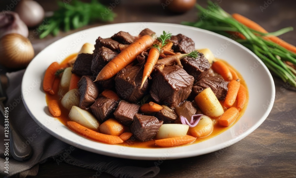 Slow cooked beef cheeks with carrots and onions, pot dish, simmering, comforting food Slow cooked beef cheeks with carrots and onions, pot dish, simmering, comforting food