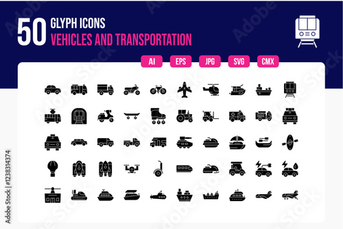 Set of 50 Vehicles And Transportation Icons. Glyph Icon Collection
