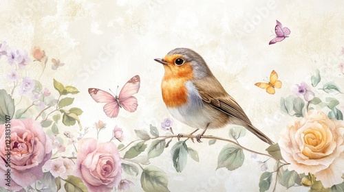 Fototapeta Naklejka Na Ścianę i Meble -  31.A vintage watercolor composition of flowers, a robin bird perched on a delicate branch, and colorful butterflies flying through the scene. The flowers are soft and muted in pastel tones of pink,