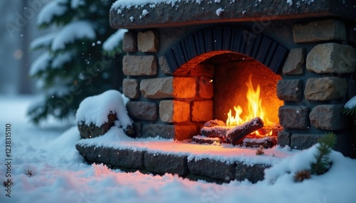 Softly glowing embers in a stone fireplace surround a snow-kissed hearth, snowy, soft photo