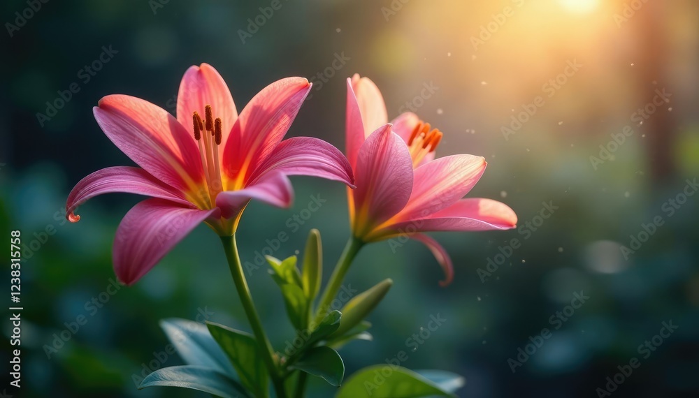 Softly glowing lily blooms in misty atmosphere, bloom, plant