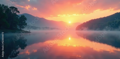 Softly glowing sunrise over misty lake waters, reflection, tranquility