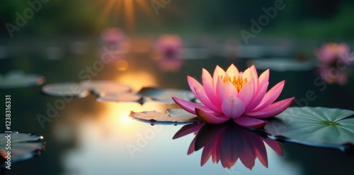 Softly glowing water lilies float on the surface of a peaceful lake at dawn, water, water lily, flower