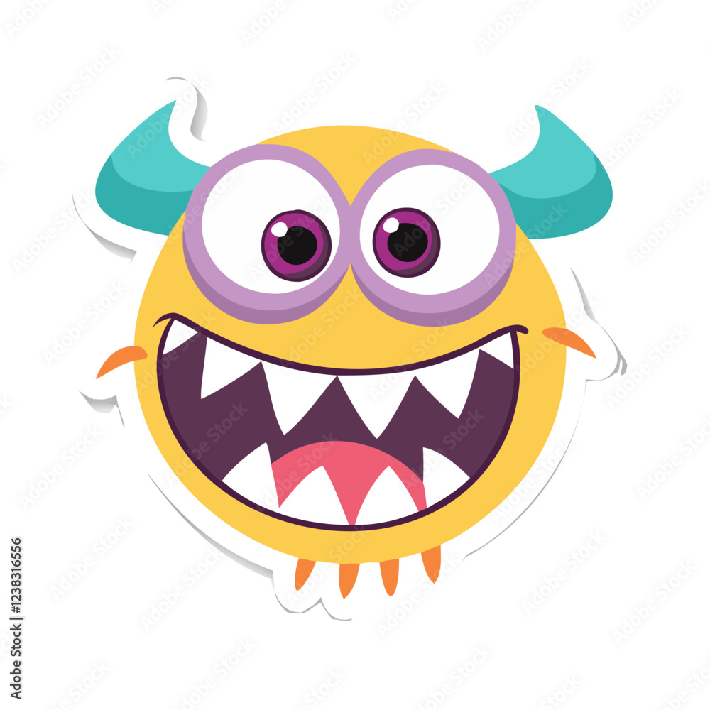 Fototapeta premium Yellow round monster face with horns