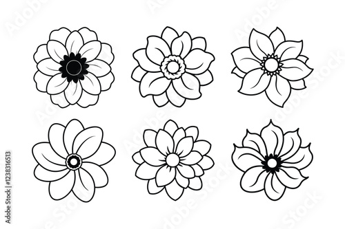 Anemone (Anemone spp.) line art vector illustration